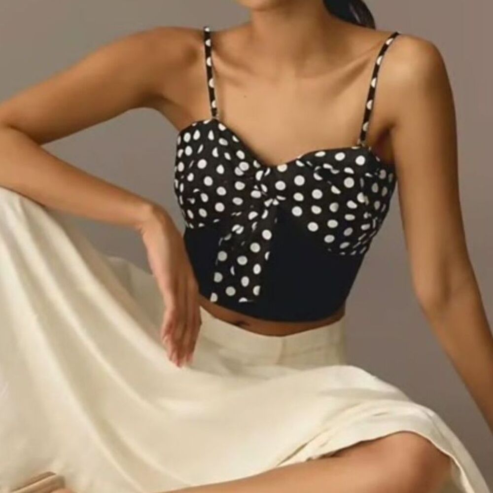 NWT Anthropologie Black Dolan Cropped Polka Dot Bow Ribbed Tank L, Summer